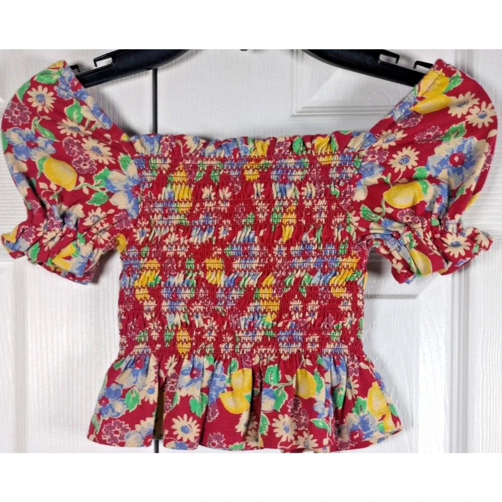 Polo Ralph Lauren Girls Smocked Floral Blouse Top Sz 4 Red Lemon Peplum NWT